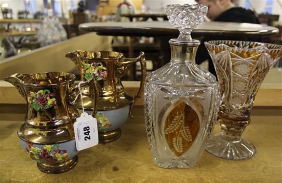 Two Victorian copper lustre jugs & 2 bits of glass